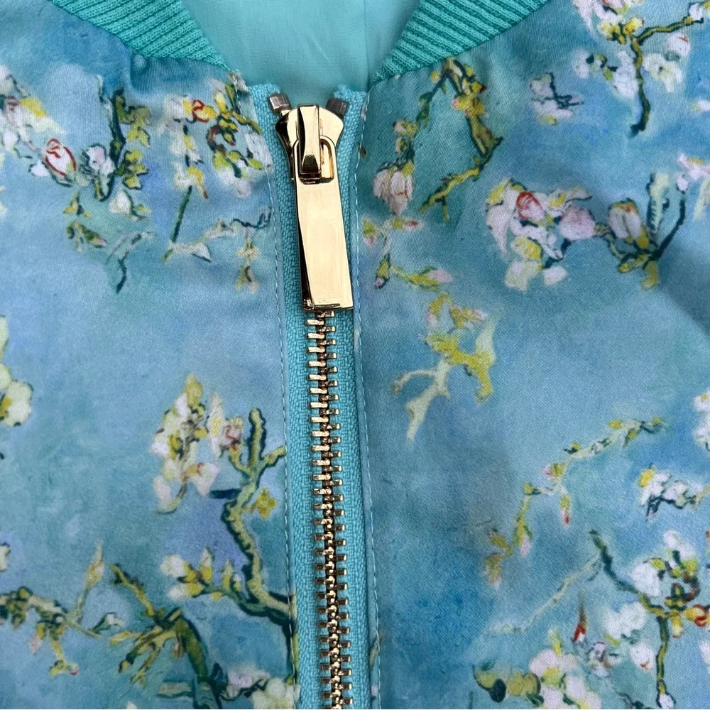 Immersive Van Gogh Cherry Blossom Turquoise Satin Floral Bomber Jacket NWOT - Picture 5 of 8